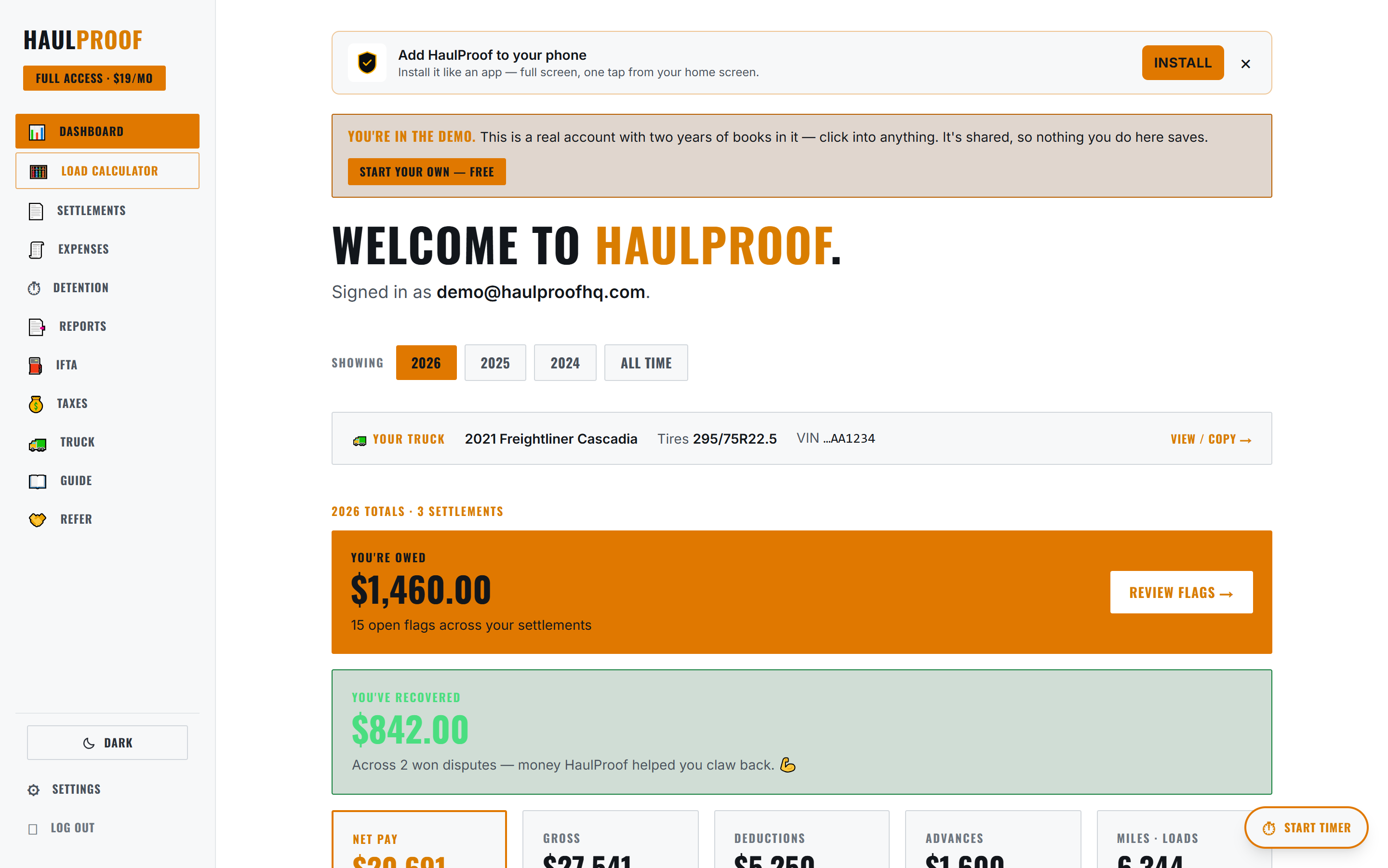 HaulProof dashboard — profit, cash, and where the money goes