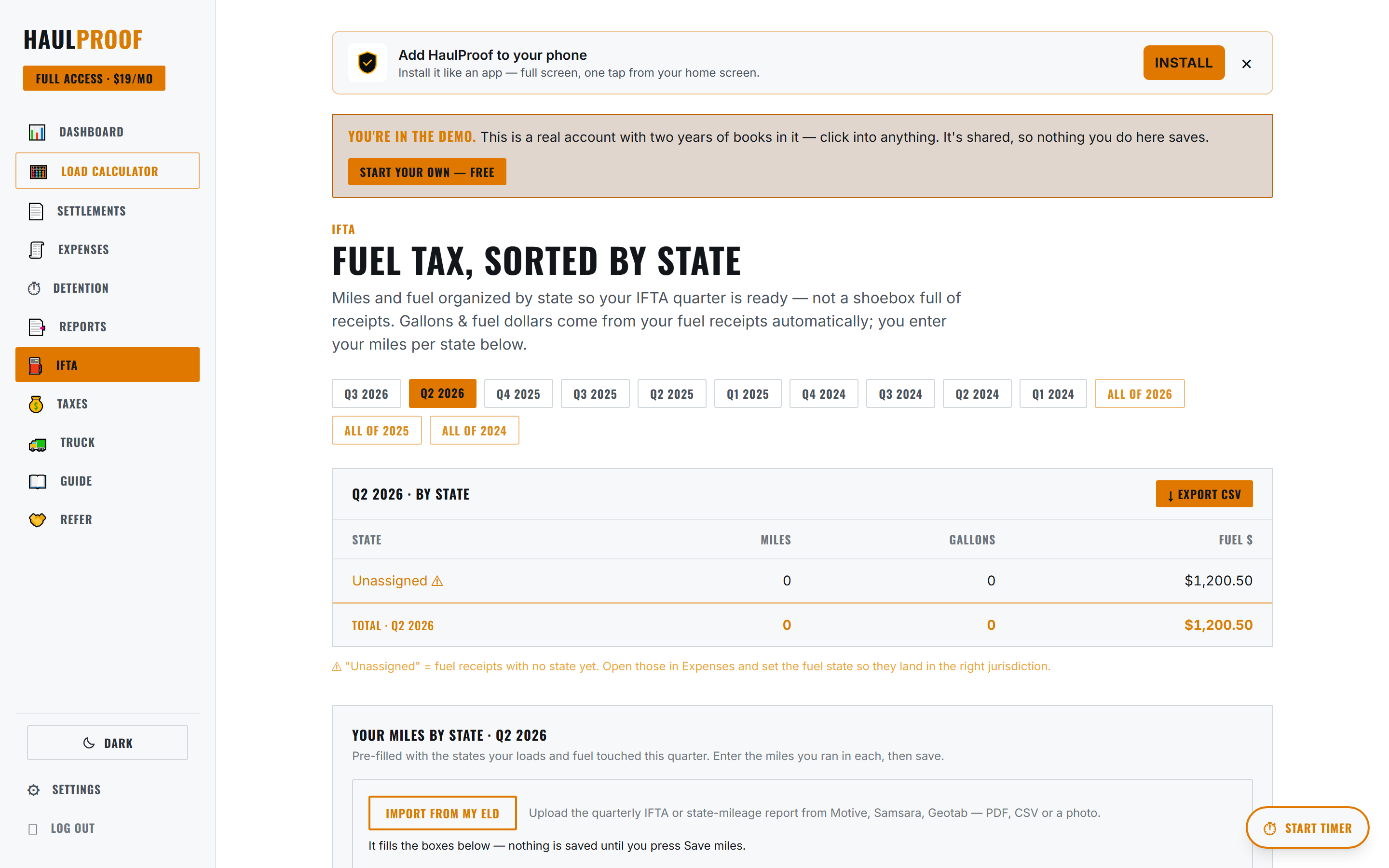 HaulProof IFTA screen — miles and fuel by state