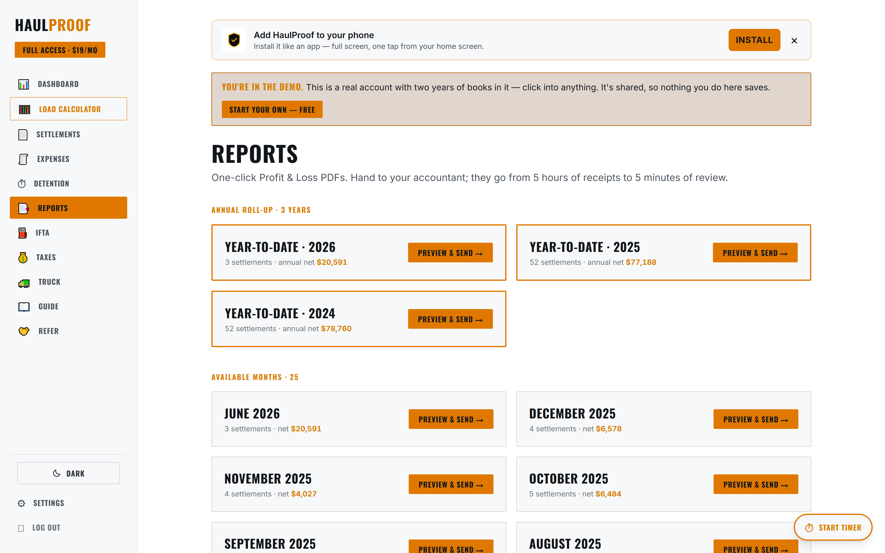 HaulProof P&L reports — CPA-ready profit and loss