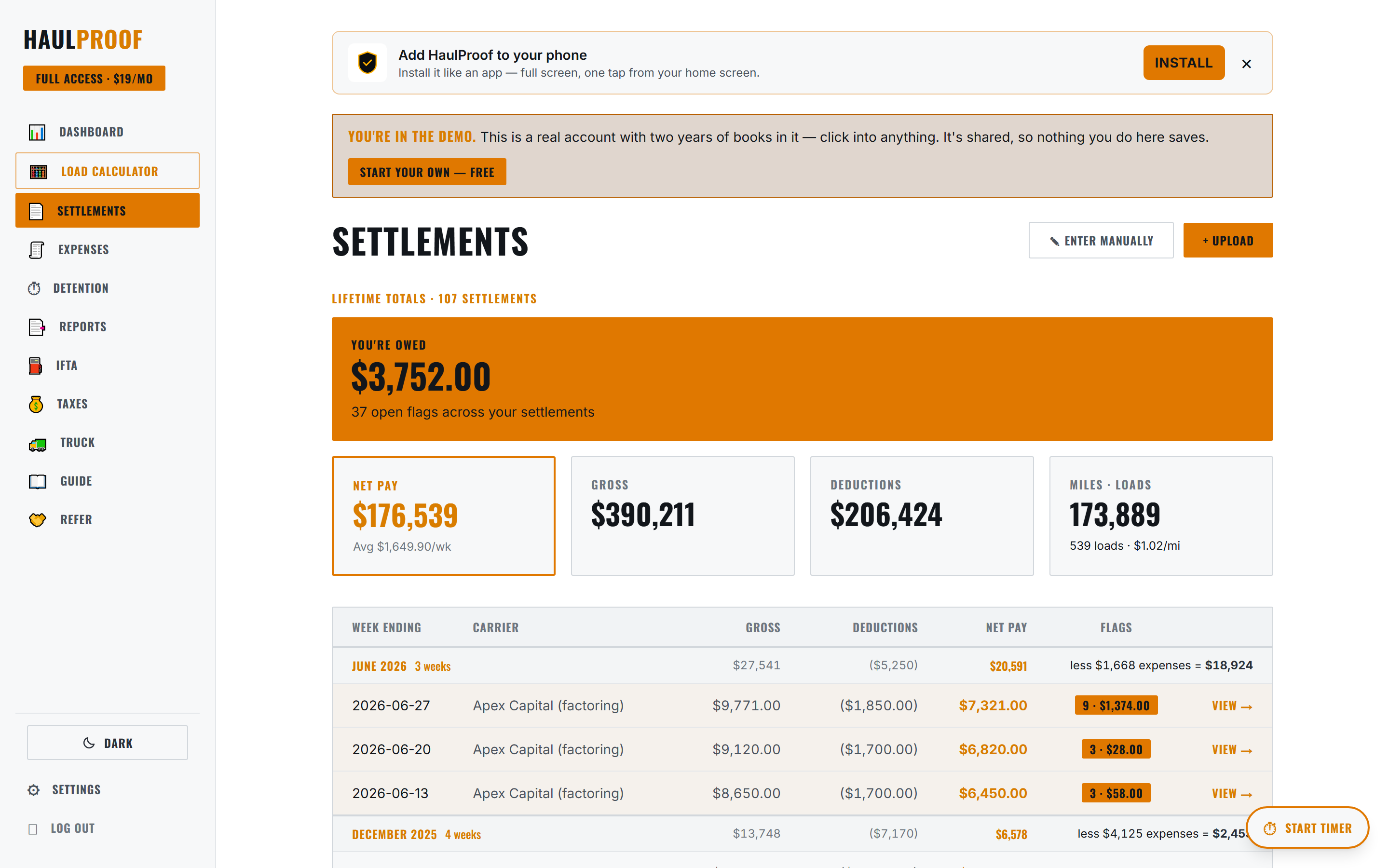 HaulProof settlements screen reading a settlement line by line and flagging short-pays